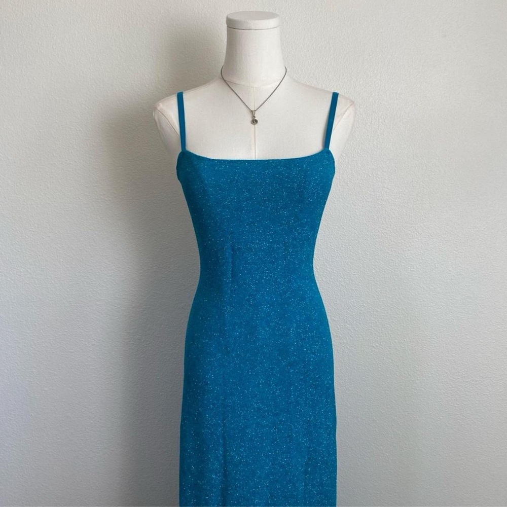 Vintage Y2K Connected Apparel Blue Sparkle Maxi Formal Dress Gown Ribcage Back